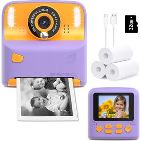 Instant Print Camera for Kids, Christmas Birthday Gift for 3-12 Year Old Girls Boys, Children Digital Camera Print Black and White Photo for Toddler Toys, 2.4 inch Screen with 32GB Card (Purple)