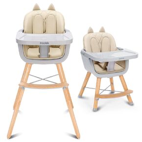 4-in-1 Baby High Chair, Convertible Easy-to-Clean Wooden Highchair for Infant, Kids& Children, 3 Position Tray, Leatherette Seat, Modern and Compact Design, Grey