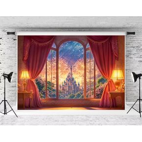 Kate Fantasy Castle Window Fireworks Backdrop Red Curtain Floral Background Dreamy Fantasy Event Photo Background Studio Props,7x5ft