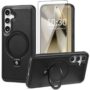 for Samsung Galaxy S25 Ultra Case with Stand Magnetic, Compatible with MagSafe Ring Leather Case, with Camera Lens and Screen Protector, Protective Military Grade Shockproof, Brown