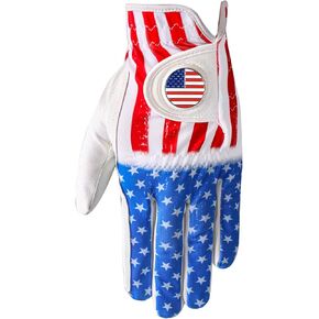 Golf Gloves Men Left Hand Right Handed 2 Pack with USA Flag Ball Marker, Leather Weathersof Grip Soft Golfer Mens Glove, Small Medium ML Large XL