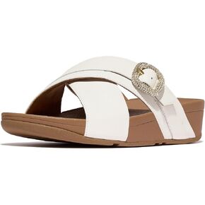 صندل نسائي من FitFlop مصنوع من الجلد بإبزيم كريستالي من Lulu بكعب عريض