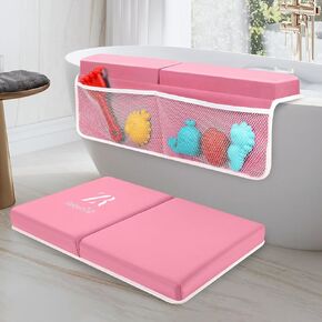 Baby Bath Kneeler and Elbow Rest Pad Set - Comfortable Non-Slip Cushion with Toy Organizer Pockets, Baby Bathtub Mat for Bathing Needs, Baby Bath Set for Toddlers and Newborns (Pink)