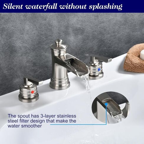 Black Widespread Bathroom Faucet Waterfall,3 Hole 2 Handles Matte Bathroom Faucet Bath Sink Lavatory Mixer Tap,8 Inch with Drain Assembly with Overflow and Supply Line Lead-Free in Saudi Arabia