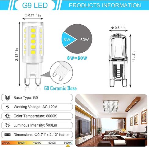 G9 LED Bulbs Dimmable 6W (60W Halogen Bulb Equivalent), Warm White 3000K, 110V-130V, 600LM Bi Pin for Home Lighting, 6 Packs in Saudi Arabia