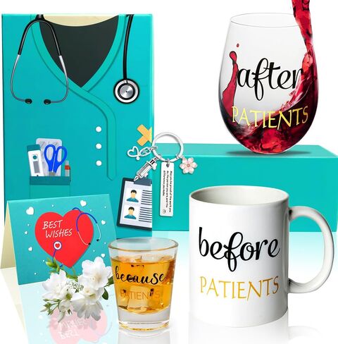 Before Patients After Patients Because Patients Gift Set 11 oz Coffee Mug 18 oz Stemless Wine Glass and 2 oz Shot Glass for Dentist Doctors Unique Nurses Day Valentines Graduation Gifts (Black) in Saudi Arabia