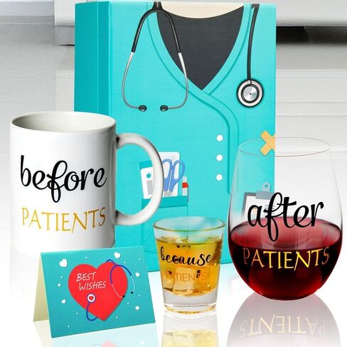 Before Patients After Patients Because Patients Gift Set 11 oz Coffee Mug 18 oz Stemless Wine Glass and 2 oz Shot Glass for Dentist Doctors Unique Nurses Day Valentines Graduation Gifts (Black) in Saudi Arabia