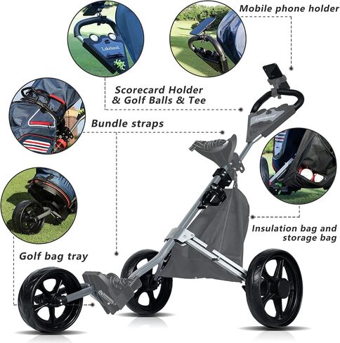 Lakehood Golf Push Cart, Golf Pull Cart for Golf Clubs and Golf Bag, Golf Push Carts Three Wheel Easy to Folding Scorecard Holder with Mobile Phone Holder Storage Bag Golf Carts (Green) in Saudi Arabia