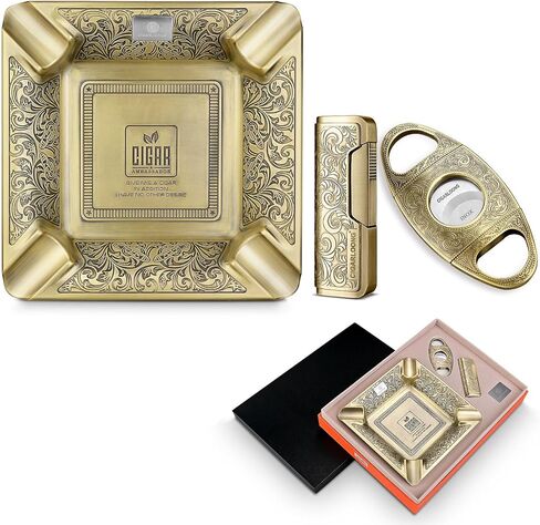 Cigar Ashtray Set, Home Ashtray with 4 Large Slots, Cigar Cutter and Windproof Lighter in 3 Pieces Gift Box Packaging (Silvery） in Saudi Arabia