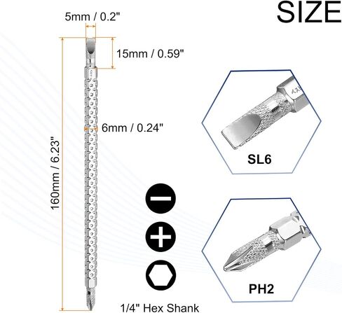 HARFINGTON Magnetic Double Ended Screwdriver Bit PH2/SL6 6x85mm 1/4" Hex Shank CR-V Steel Two Sided Interchangeable Phillips Cross Slotted Flat Screw Driver Bit in Saudi Arabia