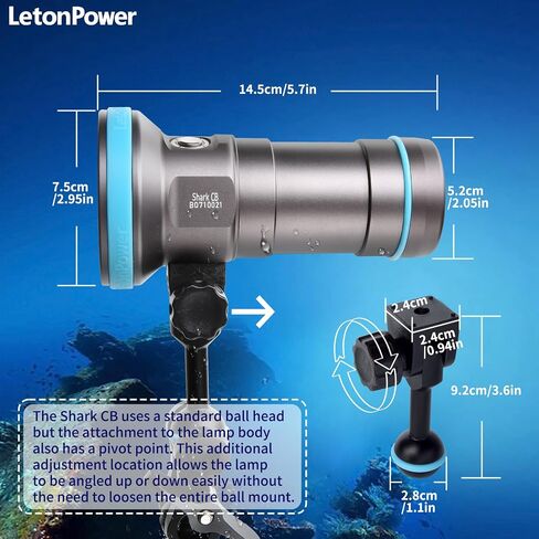 Shark CB 6000 Lumen Dive Light, 120m Waterproof Underwater Video Light 96 CRI with 120 Degree Wide Beam Angle Scuba Flashlight for Underwater Professional Dive Photography Fill Light in Saudi Arabia
