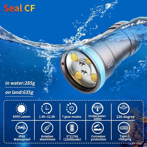 Seal CF 6000 Lumen Dive Light for Underwater Photography, 100m Underwater Video Light 96 CRI with 120 Degree Wide Beam Angle Scuba Flashlight for Professional Dive Photography Fill Light in Kuwait