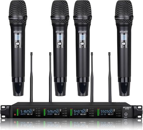 ميكروفون لاسلكي UHF احترافي للغناء، ترددات 2 × 100 قابلة للتعديل نظام ميكروفون كاريوكي لاسلكي ثنائي القناة للدي جي، 2 مجموعة ميكروفون ديناميكي لاسلكي محمول باليد، نطاق 250 قدم in Kuwait