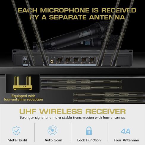 ميكروفون لاسلكي UHF احترافي للغناء، ترددات 2 × 100 قابلة للتعديل نظام ميكروفون كاريوكي لاسلكي ثنائي القناة للدي جي، 2 مجموعة ميكروفون ديناميكي لاسلكي محمول باليد، نطاق 250 قدم in Kuwait