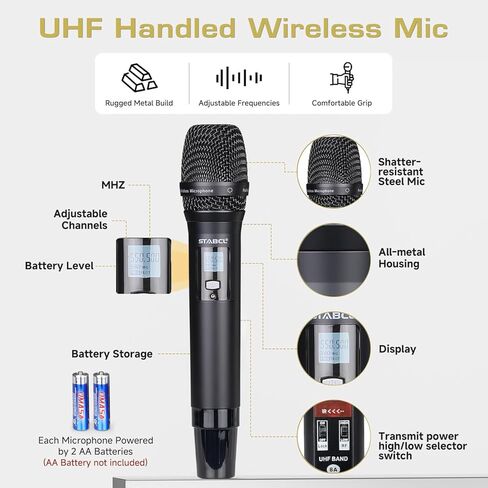 ميكروفون لاسلكي UHF احترافي للغناء، ترددات 2 × 100 قابلة للتعديل نظام ميكروفون كاريوكي لاسلكي ثنائي القناة للدي جي، 2 مجموعة ميكروفون ديناميكي لاسلكي محمول باليد، نطاق 250 قدم in Kuwait