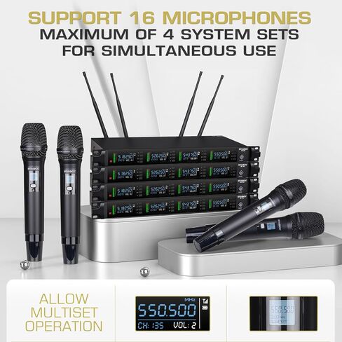 ميكروفون لاسلكي UHF احترافي للغناء، ترددات 2 × 100 قابلة للتعديل نظام ميكروفون كاريوكي لاسلكي ثنائي القناة للدي جي، 2 مجموعة ميكروفون ديناميكي لاسلكي محمول باليد، نطاق 250 قدم in Kuwait