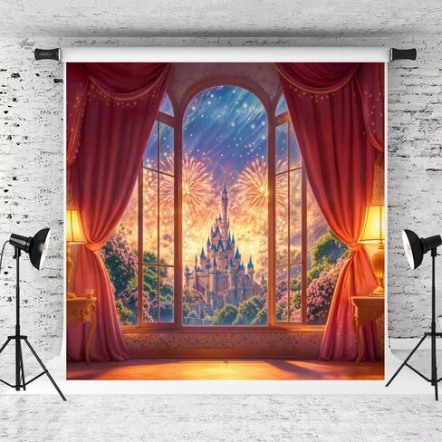 Kate Fantasy Castle Window Fireworks Backdrop Red Curtain Floral Background Dreamy Fantasy Event Photo Background Studio Props,7x5ft in Saudi Arabia