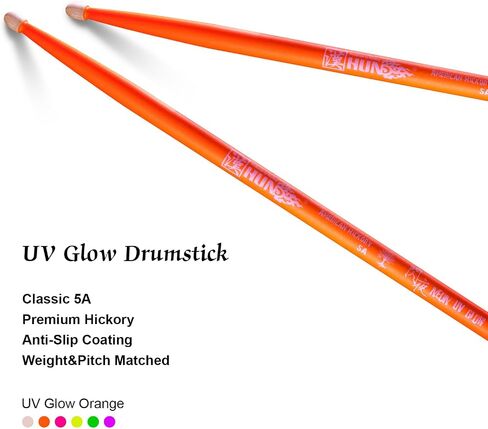 6-sticks(Assorted),HUN Neon UV Glow Drum Stick, 5A Drum Stick, Hickory Drum Stick, for Acoustic or Electronic Drum, wood drumstick glow under black light on stage,not a plastic stick glow in dark. in Saudi Arabia