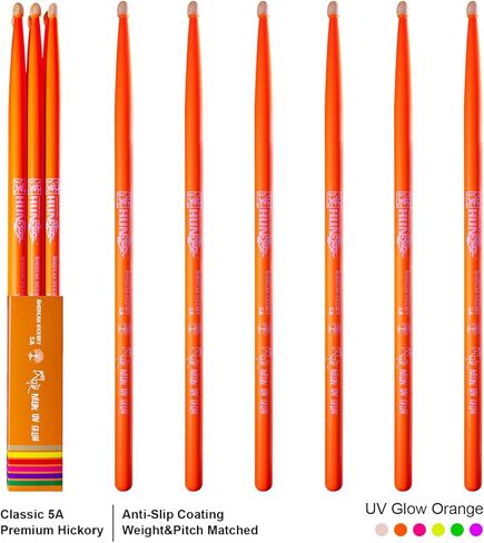 6-sticks(Assorted),HUN Neon UV Glow Drum Stick, 5A Drum Stick, Hickory Drum Stick, for Acoustic or Electronic Drum, wood drumstick glow under black light on stage,not a plastic stick glow in dark. in Saudi Arabia