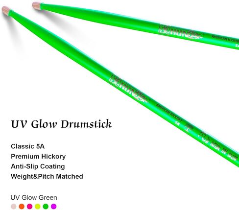 6-sticks(Assorted),HUN Neon UV Glow Drum Stick, 5A Drum Stick, Hickory Drum Stick, for Acoustic or Electronic Drum, wood drumstick glow under black light on stage,not a plastic stick glow in dark. in Kuwait