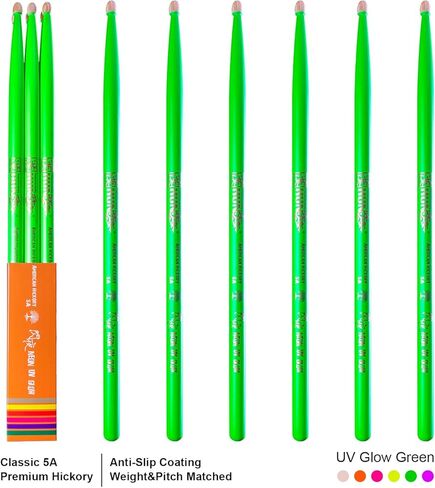 6-sticks(Assorted),HUN Neon UV Glow Drum Stick, 5A Drum Stick, Hickory Drum Stick, for Acoustic or Electronic Drum, wood drumstick glow under black light on stage,not a plastic stick glow in dark. in Kuwait