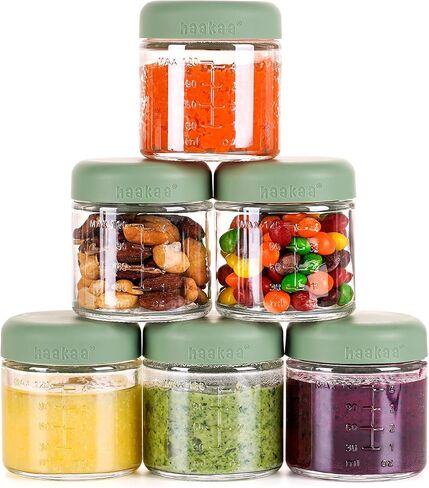haakaa Baby Food Containers Glass,100% Leak-Proof Baby Jars with Silicone Lid, Premium Borosilicate Glass,Fridge –Freezer & Microwave Safe,4 PCS 4 OZ & 2 PCS 7oz,Pea Green in Saudi Arabia