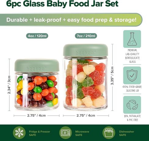 haakaa Baby Food Containers Glass,100% Leak-Proof Baby Jars with Silicone Lid, Premium Borosilicate Glass,Fridge –Freezer & Microwave Safe,4 PCS 4 OZ & 2 PCS 7oz,Pea Green in Saudi Arabia