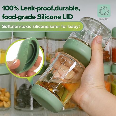 haakaa Baby Food Containers Glass,100% Leak-Proof Baby Jars with Silicone Lid, Premium Borosilicate Glass,Fridge –Freezer & Microwave Safe,4 PCS 4 OZ & 2 PCS 7oz,Pea Green in Saudi Arabia