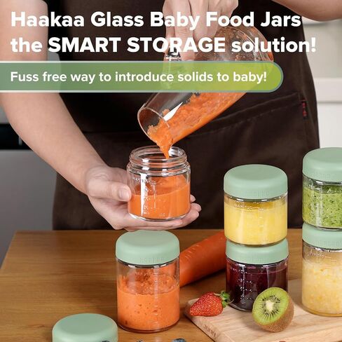 haakaa Baby Food Containers Glass,100% Leak-Proof Baby Jars with Silicone Lid, Premium Borosilicate Glass,Fridge –Freezer & Microwave Safe,4 PCS 4 OZ & 2 PCS 7oz,Pea Green in Saudi Arabia