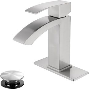 Gold Bathroom Faucet, Waterfall Bathroom Sink Faucet with cUPC Supply Hose and Pop Up Drain, Single Handle Single Hole Modern Faucet for Bathroom Vanity