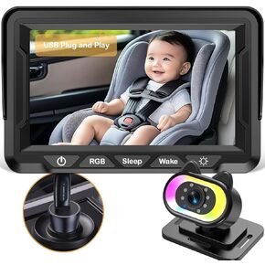 Baby Car Camera HD 1080P - 150° Wide Angle, Night Vision, Adjustable View, LED Lights, Easy Installation, Infant Safety, Rear Seat Monitoring for Car Travel