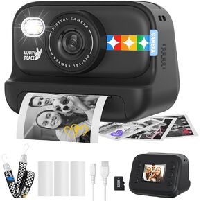 Instant Print Camera for Kids, Birthday Gifts for Girls and Boys Ages 3-12 - 1080P Video Camera for Kids, Gift Ideas for Boys Ages 3 4 5 6 7 8 9 10 11 12 - Girls' Gifts for Christmas/Holidays - Black