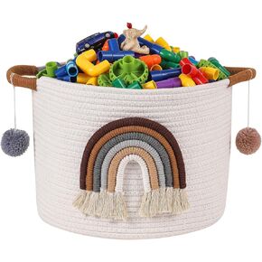INough Toy Storage Baskets Woven Cotton Rope Storage Basket with Rainbow Decor for Kids, Blanket Baskets for Living Room Toys Organizer Rainbow Baby Gifts Basket with Handle for Girls Nursery Playroom