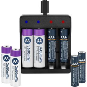 Lithium Rechargeable AA Batteries 8 Pack,3600mWh High Capacity 1.5V Li-ion AA Batteries with Charger,Long Lasting AA Size Batteries for Blink Camera,Xbox Controller