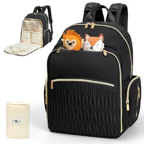 miss fong Diaper Bag Backpack - Baby Diaper Bag with Diaper Changing Pad Quilted Travel Diaper Backpack with 16 Pockets Waterproof Mommy Bag Large Baby Bag Baby Shower Gifts for Mom & Dad-Black