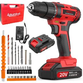 Cordless Drill with Battery and Charger, 20v Drills with Torque 30N and Impact Function, 3/8-Inch Keyless Chuck for Screwdriving and Drilling (Battery×2)