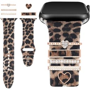 Printed Watch Band with Charms (Band Included) Compatible with Apple Watch 38mm 40mm 41mm 42mm 44mm 45mm 49mm,Print Soft Silicone Band & Decorative Ring Loops for iWatch Series 7 6 5 4 3 2 1