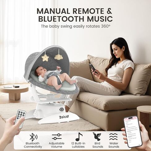 Zoicay 3-in-1 طفل أرجوحة للرضع للطفل مع الكشف عن الحركة ، ومقعد أرجوحة للأطفال محمولة ، ومقعد BT و 360 درجة دوارة ، والبعد يدويًا مع 3 أوضاع أرجوحة و 5 سرعات (أبيض) in Kuwait
