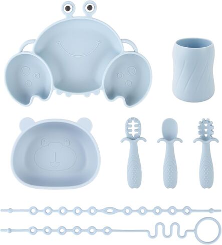 Silicone Baby Feeding Set, 8-Piece Baby Led Weaning Supplies Included Toddler Suction Plate, Bowl, Cup, 3 Spoons & 2 Safety Straps Keep Spoon, Fork & Bottle Off The Floor for Self-Feeding (Blue) in Saudi Arabia