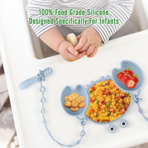 Silicone Baby Feeding Set, 8-Piece Baby Led Weaning Supplies Included Toddler Suction Plate, Bowl, Cup, 3 Spoons & 2 Safety Straps Keep Spoon, Fork & Bottle Off The Floor for Self-Feeding (Blue) in Saudi Arabia