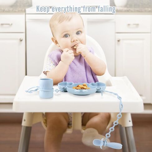 Silicone Baby Feeding Set, 8-Piece Baby Led Weaning Supplies Included Toddler Suction Plate, Bowl, Cup, 3 Spoons & 2 Safety Straps Keep Spoon, Fork & Bottle Off The Floor for Self-Feeding (Blue) in Saudi Arabia