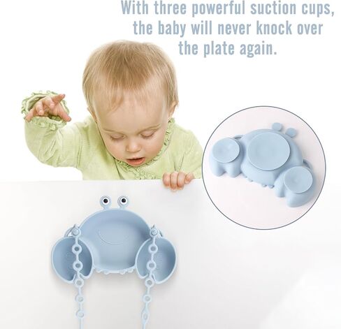 Silicone Baby Feeding Set, 8-Piece Baby Led Weaning Supplies Included Toddler Suction Plate, Bowl, Cup, 3 Spoons & 2 Safety Straps Keep Spoon, Fork & Bottle Off The Floor for Self-Feeding (Blue) in Saudi Arabia