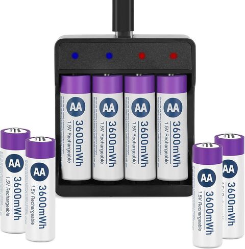Lithium Rechargeable AA Batteries 8 Pack,3600mWh High Capacity 1.5V Li-ion AA Batteries with Charger,Long Lasting AA Size Batteries for Blink Camera,Xbox Controller in Saudi Arabia