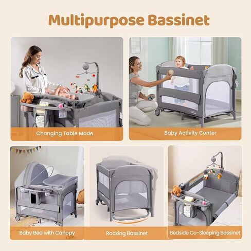 JOYMOR 9 in 1 Bedside Bassinet with Changing Table, Pack and Play with Bassinet, Convert to Rocking Baby Bed with Electric Music Center, Mosquito Net, Toy, Storage,Pink in Saudi Arabia