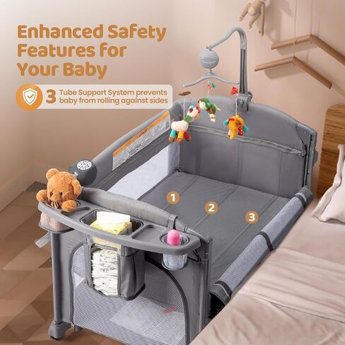 JOYMOR 9 in 1 Bedside Bassinet with Changing Table, Pack and Play with Bassinet, Convert to Rocking Baby Bed with Electric Music Center, Mosquito Net, Toy, Storage,Pink in Saudi Arabia