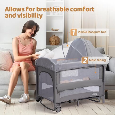 JOYMOR 9 in 1 Bedside Bassinet with Changing Table, Pack and Play with Bassinet, Convert to Rocking Baby Bed with Electric Music Center, Mosquito Net, Toy, Storage,Pink in Saudi Arabia