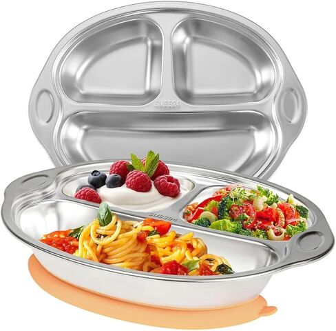 Stainless Steel Baby Plate with Suction & Lid - Non-Toxic, 3 Divided Kids Plates for Easy Portions - Durable Dinnerware for Babies and Toddlers & Mess-Free Mealtime (Pink) in Saudi Arabia