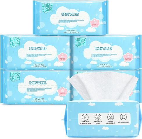 HAPPY BUM - 90 Count Baby Wipes, Unscented, 7.4 x 7.2 Inch, Moist and Refreshing, Multi-Purpose Use, Ideal for Travel (3 Packs of 30) in Saudi Arabia