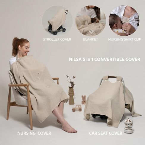 Nilsa 5-in-1 Muslin Nursing Cover up for Breastfeeding & Baby Car Seat Cover - Breathable Breastfeeding Cover With Rigid Hoop - 100% Cotton Privacy Apron Breast Feeding Covers For Women (Mint green) in Saudi Arabia