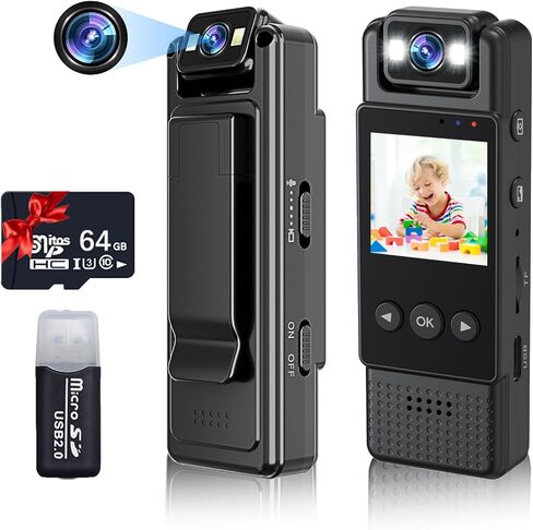 Small Body Camera with Audio and Video Recording 1080P Bodycam Handheld Video Recorder with 1.3" Screen, 180° Rotating Lens, 6h Battery, 4 Fill Lights, Motion Detection for Personal Civilians Travel in Saudi Arabia